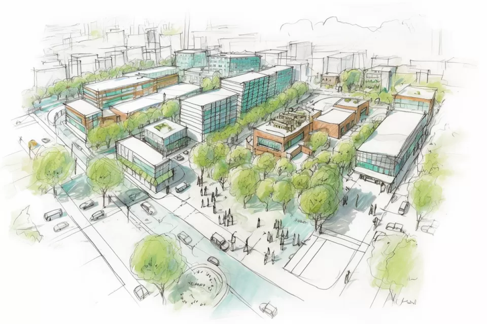 Sketch of proposed city with buildings, trees, and people.